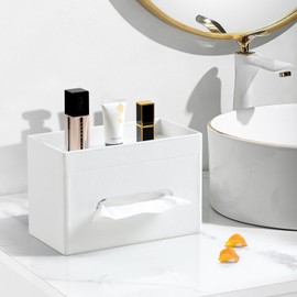 MEIBOOCH Plus Size Tissue Box Cover Rectangle, PU Leather Tissue Box Holder with Storage Tray, Decorative Organizer Tissue Holder for Bathroom, Bedroom Dresser, Night Stand, Office (White)