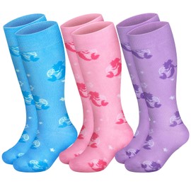 AuSletie 3 Pairs Kids Toddler Soccer Socks for Girls Soccer Athletic Socks Youth Football Socks Toddler Knee High Socks Kids (US, Age, 6 Years, 8 Years, Mermaid)