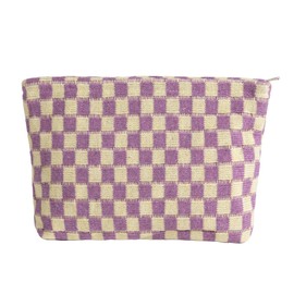 Checkered Makeup Bag for Women Large Capacity Travel Cosmetic Bag Makeup Pouch for Purse Zipper Toiletry Organizer Cute Y2K Aesthetic Trendy Adults Makeup Brushes Storage Bag (Purple Yellow)