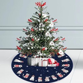GAGEC Christmas Tree Skirt Dark Blue Tree Skirt Cat Christmas Xmas Winter Tree Skirt 48 Inch for Black Cat Christmas Indoor Outdoor Decorations