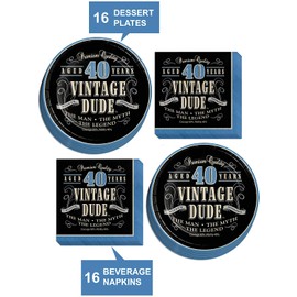 Old Man Vintage Dude Party Supplies - 40th Milestone Birthday Dessert Plates and Napkins (Serves 16)