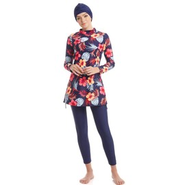 Ababalaya Fully Covered Swimsuits 3 Pieces Full Covered Burkini Swimwear with Swimming Cap, 103navy Blue, Medium