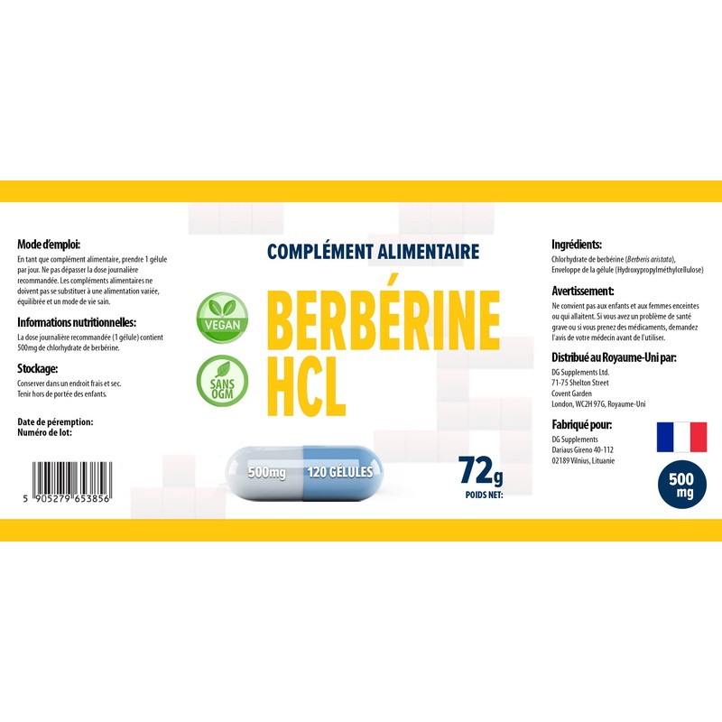 Berberine HCL 500 mg 120 Vegan Capsules, Laboratory Tested, High