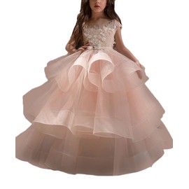 WDE Long Pink Little Girls Pageant Dresses for Wedding Kids First Communion Prom Ball Gown Size 4