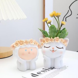 SPEALLOY Mini Fantasy Zoo Resin Pots Set - Floral Crown Cat & Sheep Succulent Planters w/Drainage Holes (3.5"x2.8"x3.5")