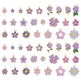 DELORIGIN 48pcs Spring Flower Charms Bulk Flower Enamel Pendant Daisy Charm Gold Metal Rose Cherry Blossom Tulip Purple Flower Charms Beads for Jewelry Bracelets Necklace DIY Craft Making Supplies