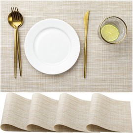 LEXMORE PVC Woven Placemats 4 PCS Wipeable Indoor/Outdoor Table Mats Washable Vinyl Place Mat for Dining Table, Set of 4-Beige White