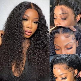 Deep Wave Lace Front Wigs Human Hair Wigs for Women 13x4 180% Density HD Lace Frontal Wig Curly Glueless Wigs Human Hair Pre Plucked with Baby Hair Perruque Femme Humain Naturel 22 Inches Natural Black