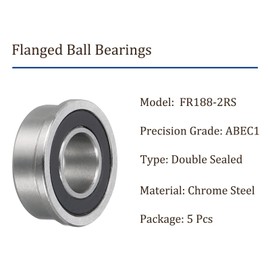 Kozelo 5pcs FR188-2RS Flanged Ball Bearing - [1/4x 1/2x 3/16 in.] Replacement Wheel Bearings for Wheelbarrow Lawnmower Truck Axle Use, Chrome Steel, ABEC1