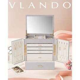Vlando Large Jewelry Organizer Box, 5-Layer Jewelry Storage Box with Mirror & 4 Drawers for Earrings, Necklaces, Rings and Watch Organizer for Women Girls Mothers Day Gifts for Mom - Grey