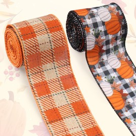 2 Rolls Fall Fabric Ribbons Thanksgiving Decor Ribbons Pumpkin Black White Plaid Burlap Linen Ribbons for Thanksgiving Fall Party Hanging Decoration Gift Wrapping Indoor Outdoor Craft Supplies 5 Yards