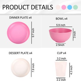 Rubtlamp Wheat Straw Plates and Bowls sets, Reusable Plastic Plate Set for 4, Kitchen Wheat Straw Dinnerware Sets (Spring Four Colors) Include Dinner Plates, Dessert Plates, Cereal Bowls, Cups