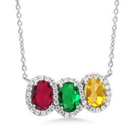Gem Stone King 925 Sterling Silver Gemstone Birthstone Necklace | 3 Stone Pendant Necklace for Women | Oval 7X5MM | With 18 Inch Silver Chain