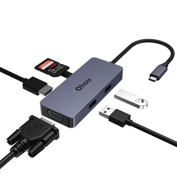 Qhou USB C Hub Adapter with 4K HDMI, VGA, 2