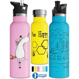 Involve & Evolve Insulated Water Bottle with 3 Lids (Straw Lid) Kids Reusable Double Walled Stainless Steel Flask Thermos 12oz 17oz 20oz 25oz