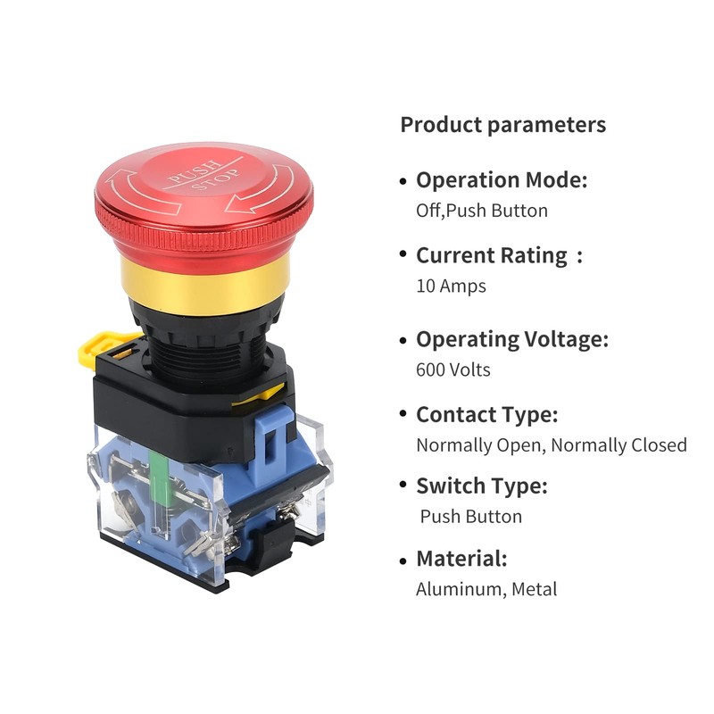 Emergency Stop Button 22mm Latching Push Button Switch, Aluminum Alloy