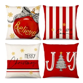MEHOFOND Merry Christmas Throw Pillow Covers 18x18 Set of 4 Red White Stripes Christmas Tree Bell Winter Holiday Party Decor Stripes Cushion Case Decoration for Sofa Couch Set of 4