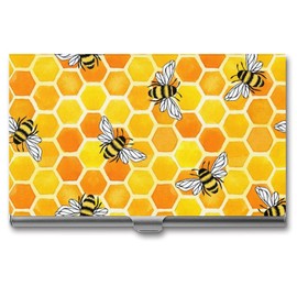Niapessel Business Card Holder, Yellow Honeycomb And Bees Print Pocket Slim Portable Metal Business Card Case for Women Men, 3.7X2.2X0.3 Inch