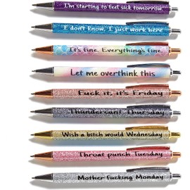 Funny Pens, 9 Pcs Funny Seven Days of The Week Pen Describing Mentality, Fun Ballpoint Pens Daily Pen Set, Weekday Vibes Glitter Pen Set, Gift for Colleagues, Friends Who Love to Write Diary (A)