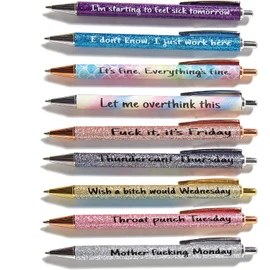 Funny Pens, 9 Pcs Funny Seven Days of The Week Pen Describing Mentality, Fun Ballpoint Pens Daily Pen Set, Weekday Vibes Glitter Pen Set, Gift for Colleagues, Friends Who Love to Write Diary (A)