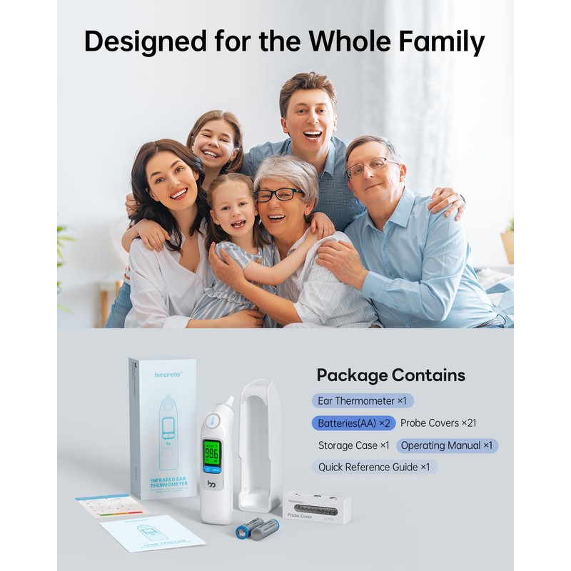 femometer Infrared Ear Thermometer for Adults & Kids, Highly Accurate,