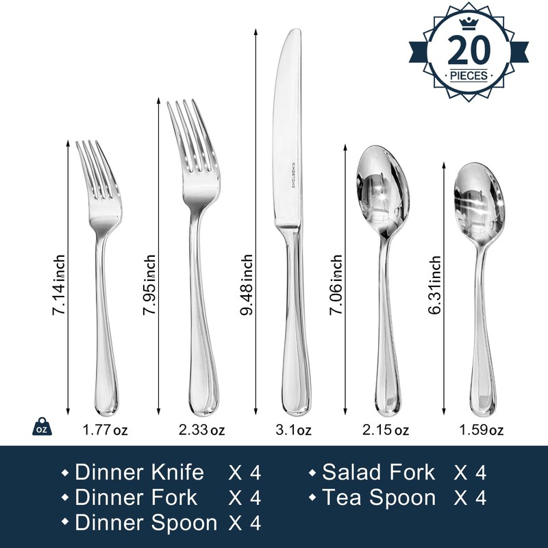 KINGSTONE 20 Pieces Silverware Set for 4, Premium Stainless Steel