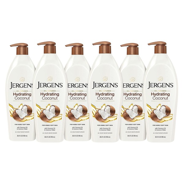 Jergens Hydrating Coconut Body Moisturizer, Infused with Coconut Oil and Water for Long-Lasting Moisture, Hydrates Dry Skin Instantly, 26.5 Ounce (Pack of 6), Dermatologist Tested (Packaging May Vary)