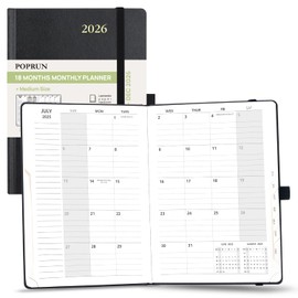 POPRUN 2025-2026 Monthly Planner (A5 8.5" X 6.25"), 18-Month Calendar Book (Jul.25 - Dce.26) with Monthly Tabs, Hardcover, Inner Pocket, 100GSM Thick Paper - Black