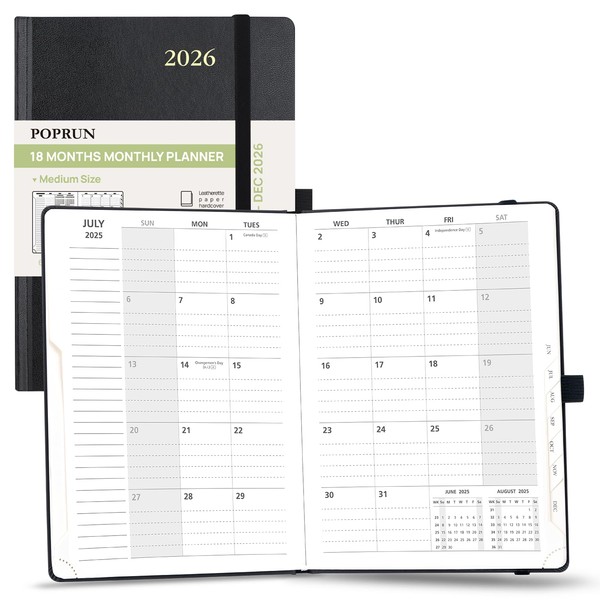 POPRUN 2025-2026 Monthly Planner (A5 8.5" X 6.25"), 18-Month Calendar