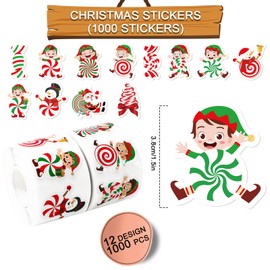 Whaline 1000Pcs Christmas Stickers Xmas Cartoon Elf Peppermint Self-Adhesive Sticker Decals for Birthday Holiday Party Scrapbook Journal Decor, 2 Rolls, 12 Designs