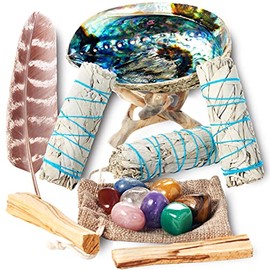Sage Smudge Kit ~ 3 White Sage Bundles ~ 8 Healing Chakra Stones ~ Abalone Shell & Stand ~ Smudging Feather ~ Cleanse Guide/Blessings ~ Smoke Cleansing Smudge Sticks Healing Growing Manifesting