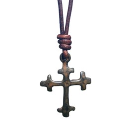 Spanish Gold Cross Necklace - Mens Leather Choker, Christmas Gift, Fathers Day, Antique Jewelry, Catholic Faith, Christian Crosses, Men Passion, Knight Templar, Women Protection Charm (Rustic Brown)