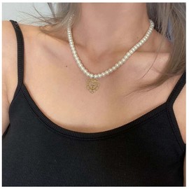 Yheakne Vintage Pearl Choker Necklace Love Heart Pendant Necklace Pearl Bead Collar Necklace Short Cross Charm Necklace Chain Jewelry for Women