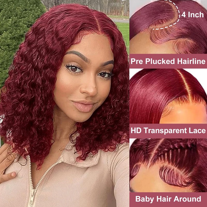 RMOARIWR 99j Burgundy Bob Wig Human Hair 180% Density 4x4