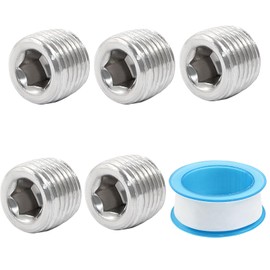 Bonsicoky 5 PCS 1/8" NPT Male Thread Pipe Fitting with Tape - 304 Stainless Steel Internal Hex Pipe Fitting for Sealing Pipe Port