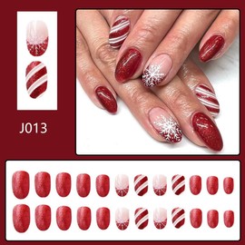 Christmas Press on Nails Medium Almond Fake Nails with Red Glitter Design Snowflake Glue on Nails White Red Swirl Stick on Nails Winter Xmas False Nails for Women Girls Holiday Manicure 24pcs