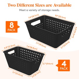 Lifewit Plastic Storage Basket, 12 Pack Stackable Storage Bins for Organizing, Multi Size Open Containers for Shelving, Pantry, Office and Cabinet, 8 Large and 4 Small Size, Black