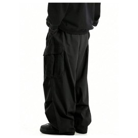 OYOANGLE Men's Drawstring Elastic Waist Pockets Cargo Pants Wide Leg Loose Casual Trousers Streetwear Black Small