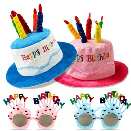 Seuqhck 2 Pack Plush Birthday Hat, Unisex Adult Size Party Hats Accessories with 2 Pcs Sweet Cream Glasses for Birthday Party, Blue and Pink