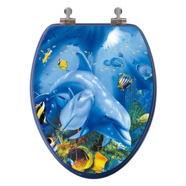 TOPSEAT 3D Ocean Series Elongated Toilet Seat w/Chromed Metal Hinges, Wood, Dolphin Family