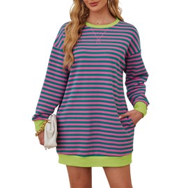 Dokuritu Women's Winter Dresses Crew Neck Long Sleeve Patchwork Pullover Tops Oversize Sweatshirt Mini Fall Dress with Pockets Pink