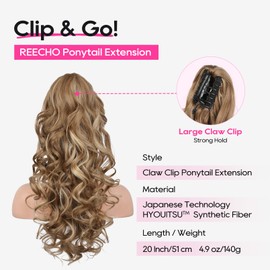 REECHO Ponytail Extension, 20” Claw Clip Ponytail Extension Curly Clip in Ponytail Long Pony Tails Hair Extensions for Women Fluffy Natural Looking Synthetic Hairpiece, Light Brown with Highlights