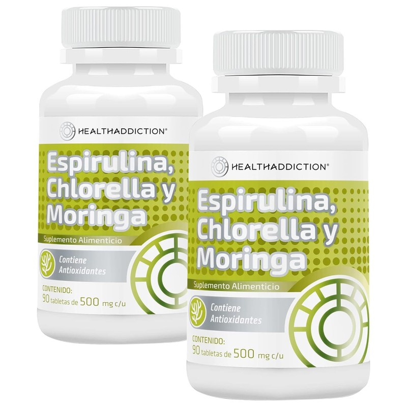 HEALTHADDICTION - 2 Pack Complejo de Espirulina, Chlorella y Moringa,