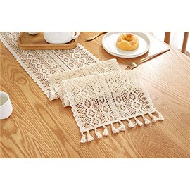 JSJSYO Beige Macrame Table Runner Cotton Crochet Lace Hollow Mesh Table Cloth Rectangular Boho Table Runner with Tassels for Rustic Wedding Valentine's Day Baby Shower Vintage Tabletop Décor 24x180cm