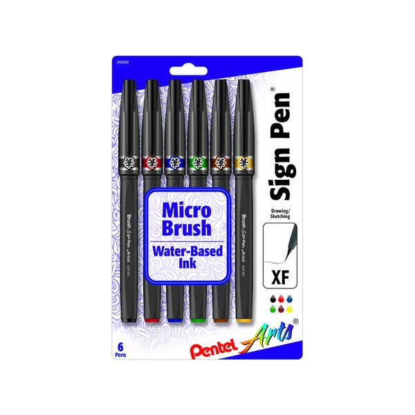 Pentel Arts Sign Pen Micro Brush, Assorted Ink, (A/B/C/D/E/G) 6-pk