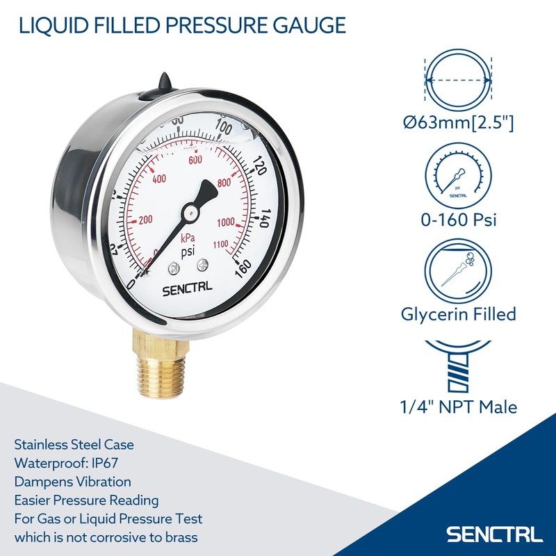 SENCTRL 0-160 Psi Glycerin Liquid Filled Air Pressure Gauge, 2.5"