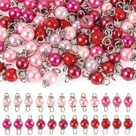 Pandahall 80Pcs Glass Pearl Connector Charms 13mm Pastel Pink Red Round Pearlized Bead Link Charms with Double Loop for Jewelry Making Necklace Bracelet Earring Craft