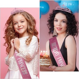 CIEHER Pink Princess Birthday Crown and Birthday Sash Set, Birthday Girl Crown Birthday Tiara for Women Birthday Decorations for Girls Rhinestone Princess Party Decorations Birthday Gifts