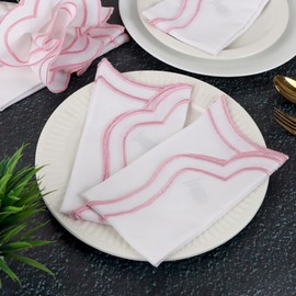 Scalloped Embroidery Cloth Napkins Premium Quality Table Decor Spring and Summer 100% Cotton Reusable Washable Napkin -18 x 18 inch (White Napkin with Blush Pink Edges, Pack of 4)