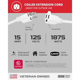 Iron Forge Cable SJEOW Black Outdoor Coiled Extension Cord 11 ft, 14/3, 15 Amp Oil Resistant & Flame Retardant 3 Prong Coiled Wire for Outdoor & Indoor